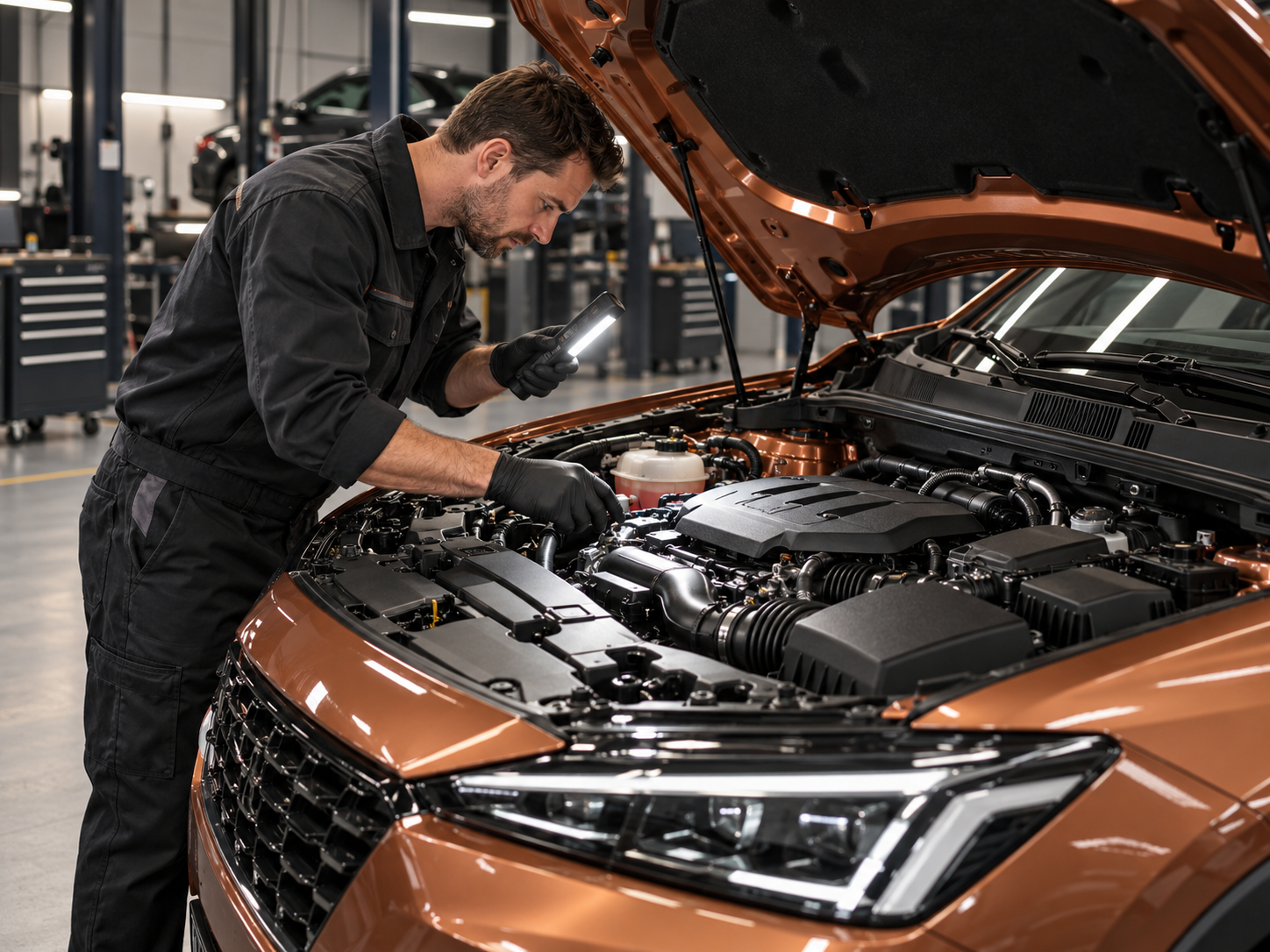 A technician carefully inspecting a vehicle engine