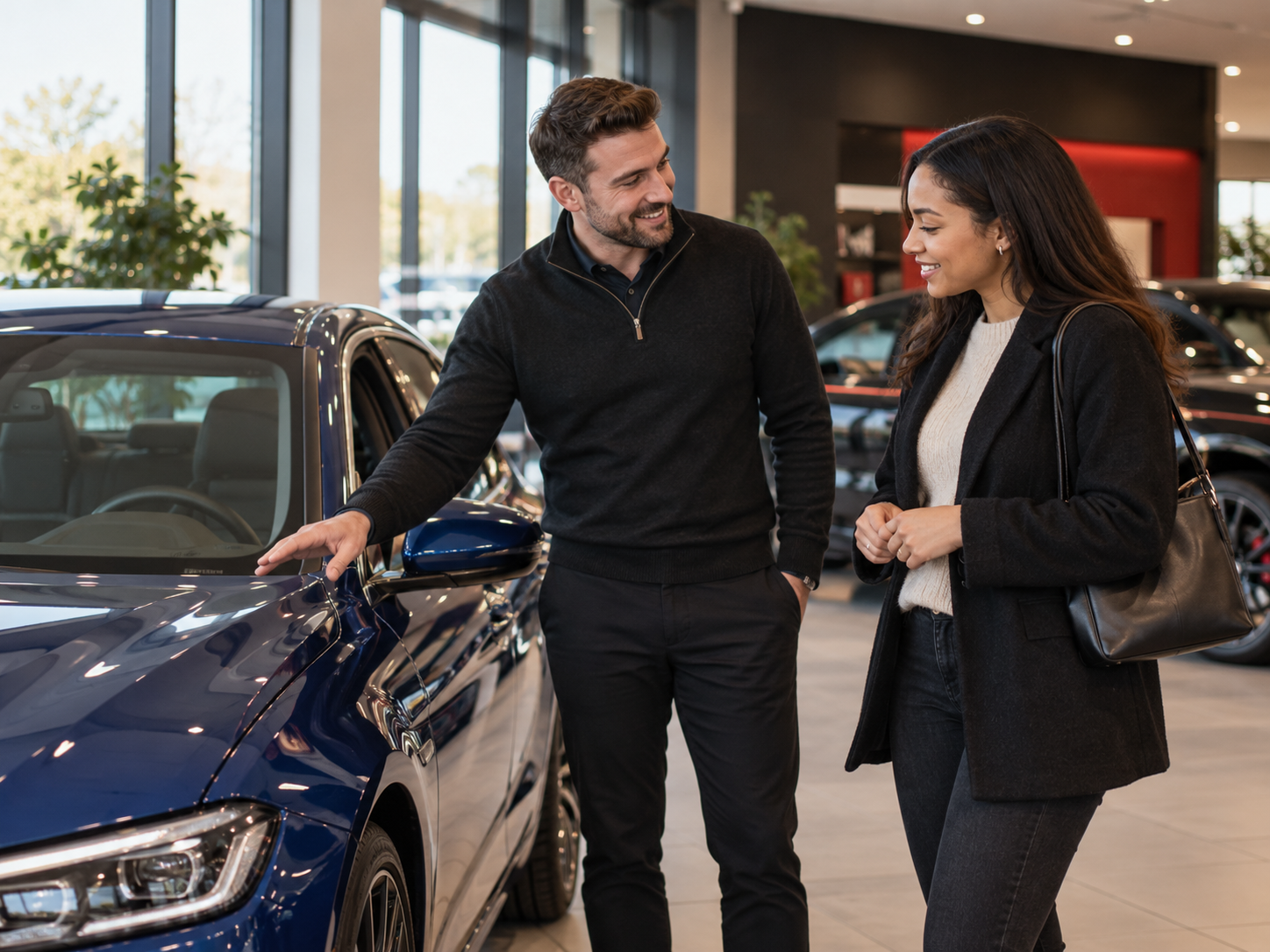 A Drivetime advisor helping a customer in the showroom